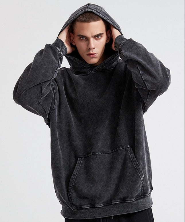 Vintage-Wash Fleece Hoodie — Black