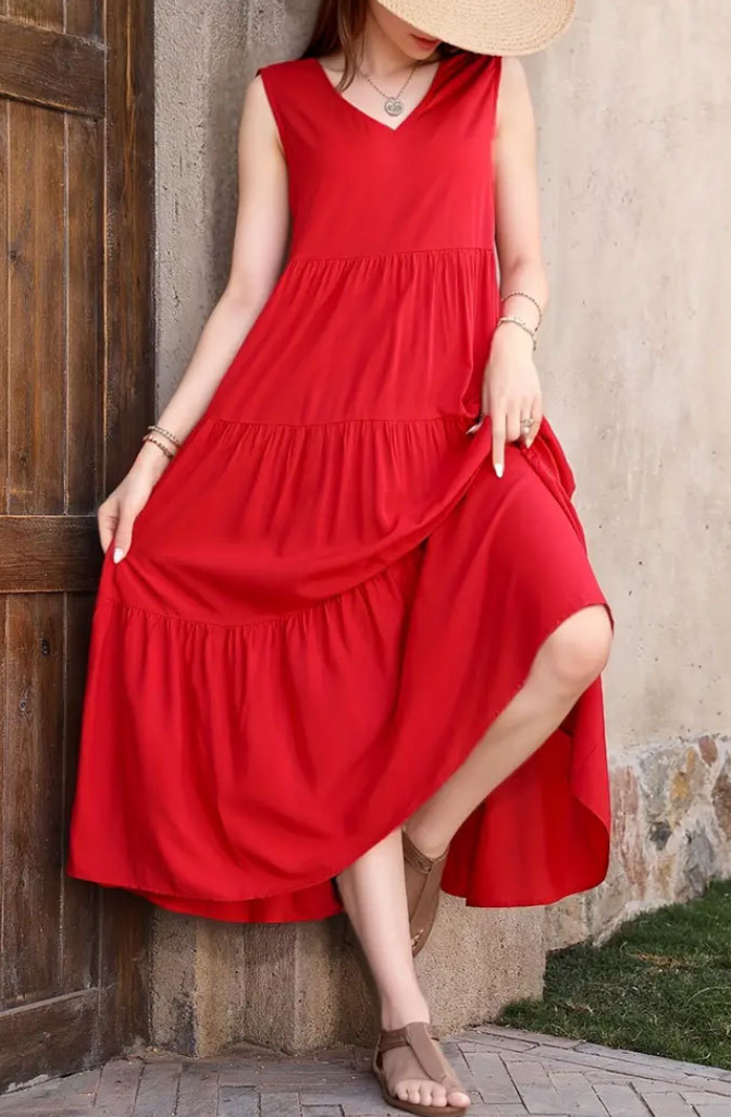 Sleeveless Red A-Line Midi Dress