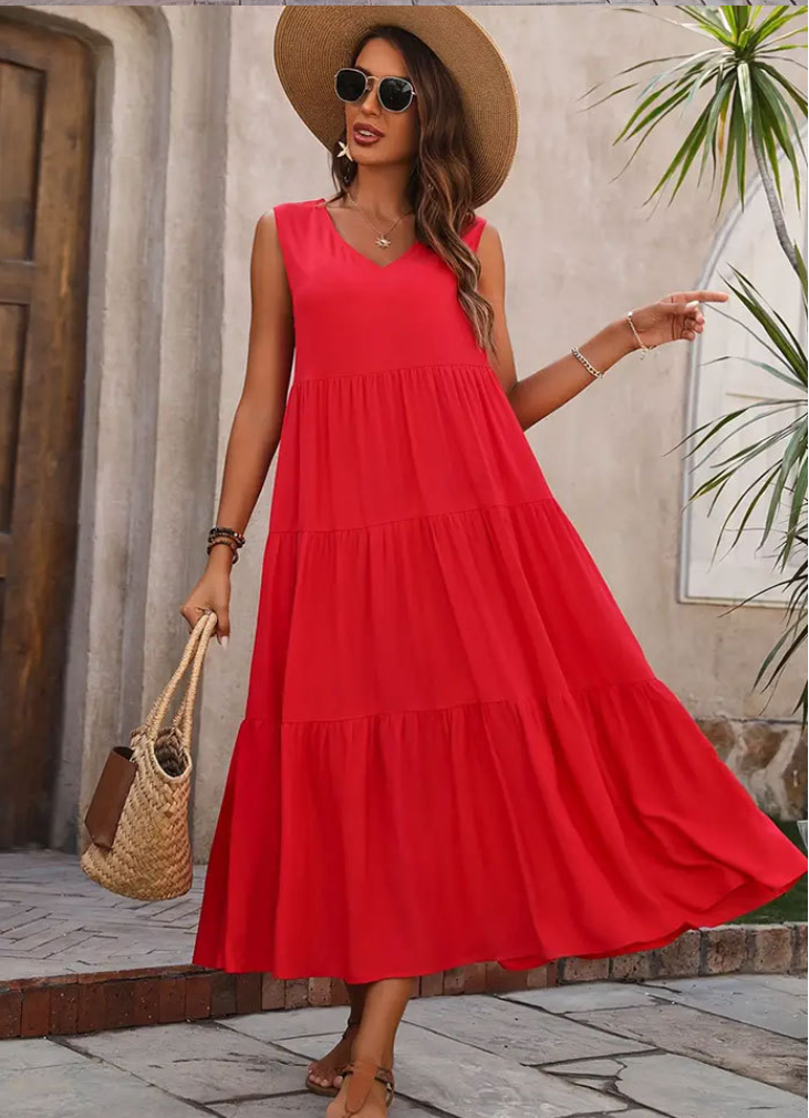 Sleeveless Red A-Line Midi Dress