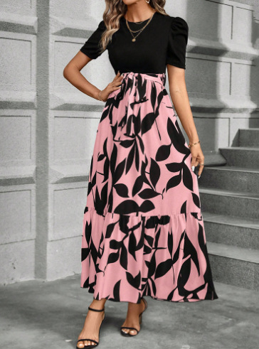 Monochrome Leaf Print Maxi Dress