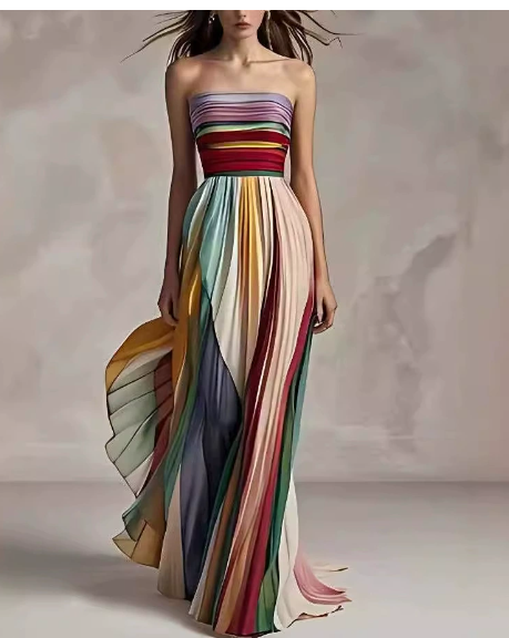 Striped Pleated Evening Gown