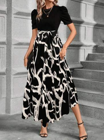 Monochrome Leaf Print Maxi Dress