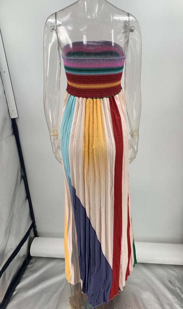 Striped Pleated Evening Gown