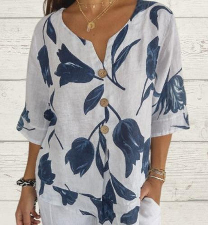 Floral Linen Button-Up Blouse