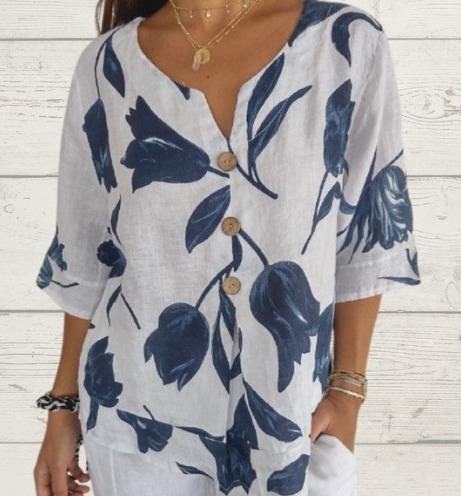 Floral Linen Button-Up Blouse