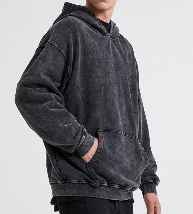Vintage-Wash Fleece Hoodie — Black