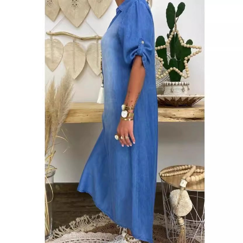Women’s Lace Trim Embroidered Denim Dress