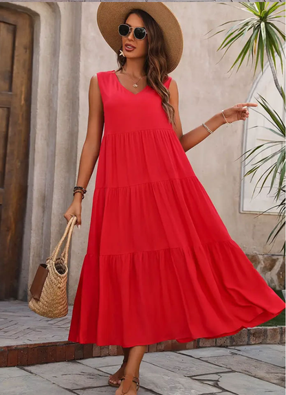 Sleeveless Red A-Line Midi Dress