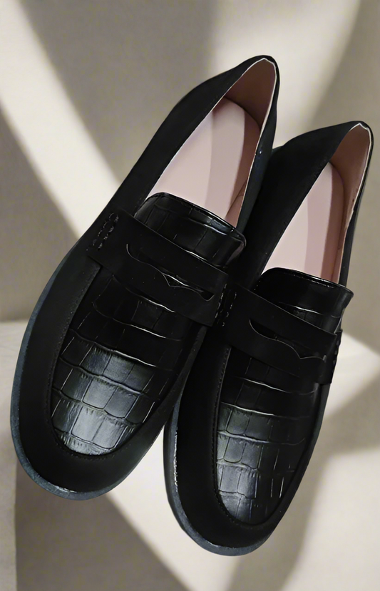 Classic Black Croc-Embossed Loafers